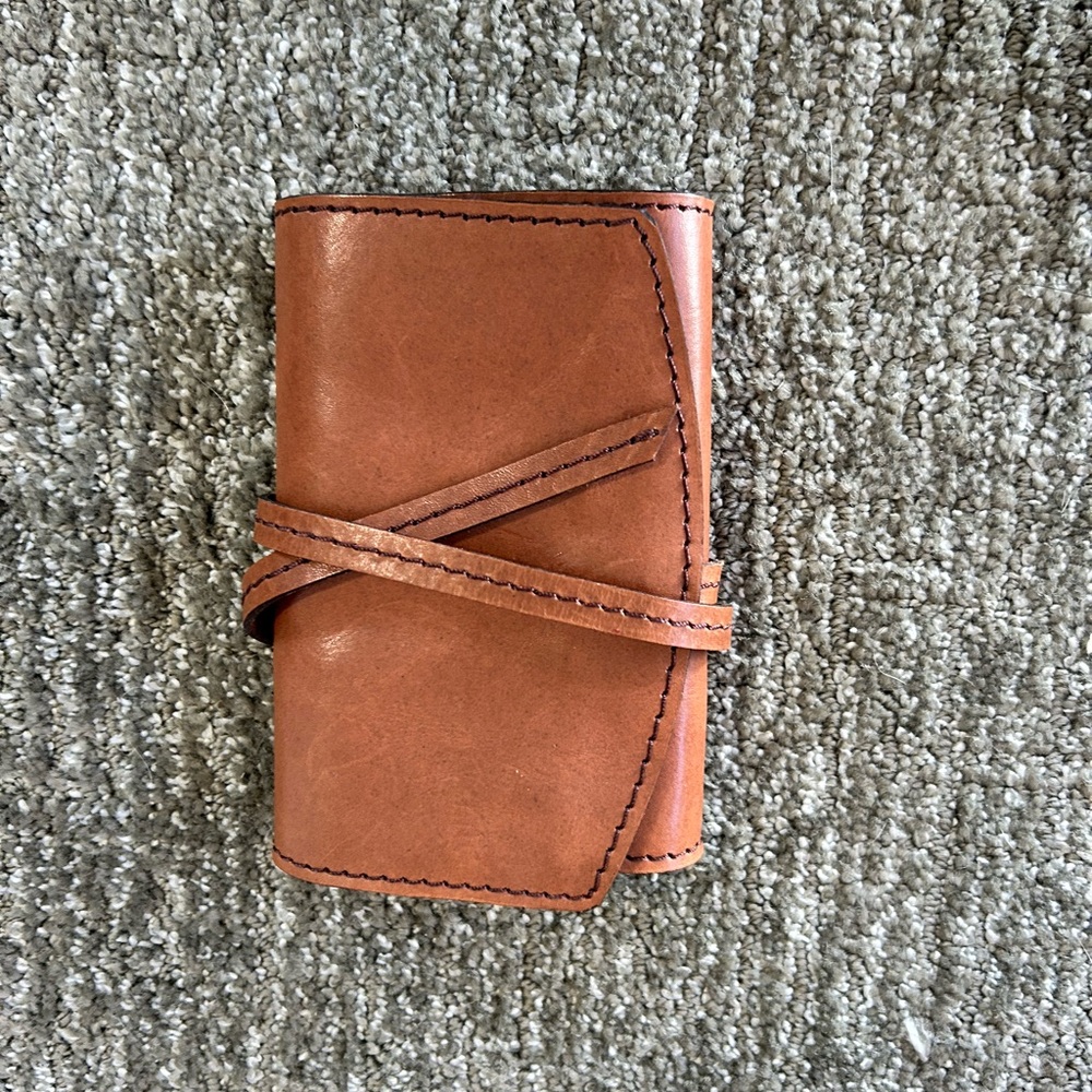 Compact Brown Leather Wrap Card Wallet